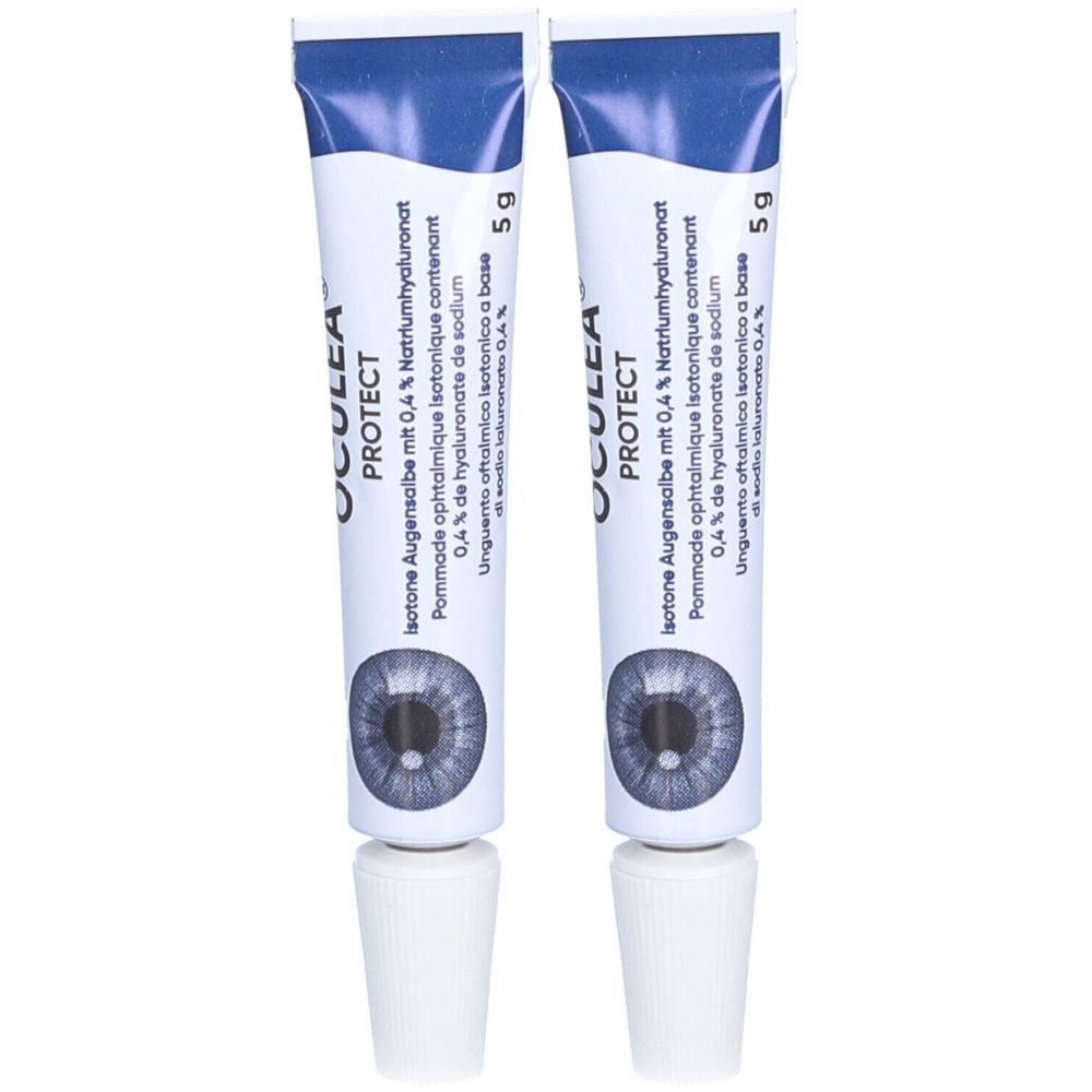 Deux tubes de pommade ophtalmique OCULEA PROTECT. Tubes blancs avec bouchon bleu, texte et illustration d'œil.