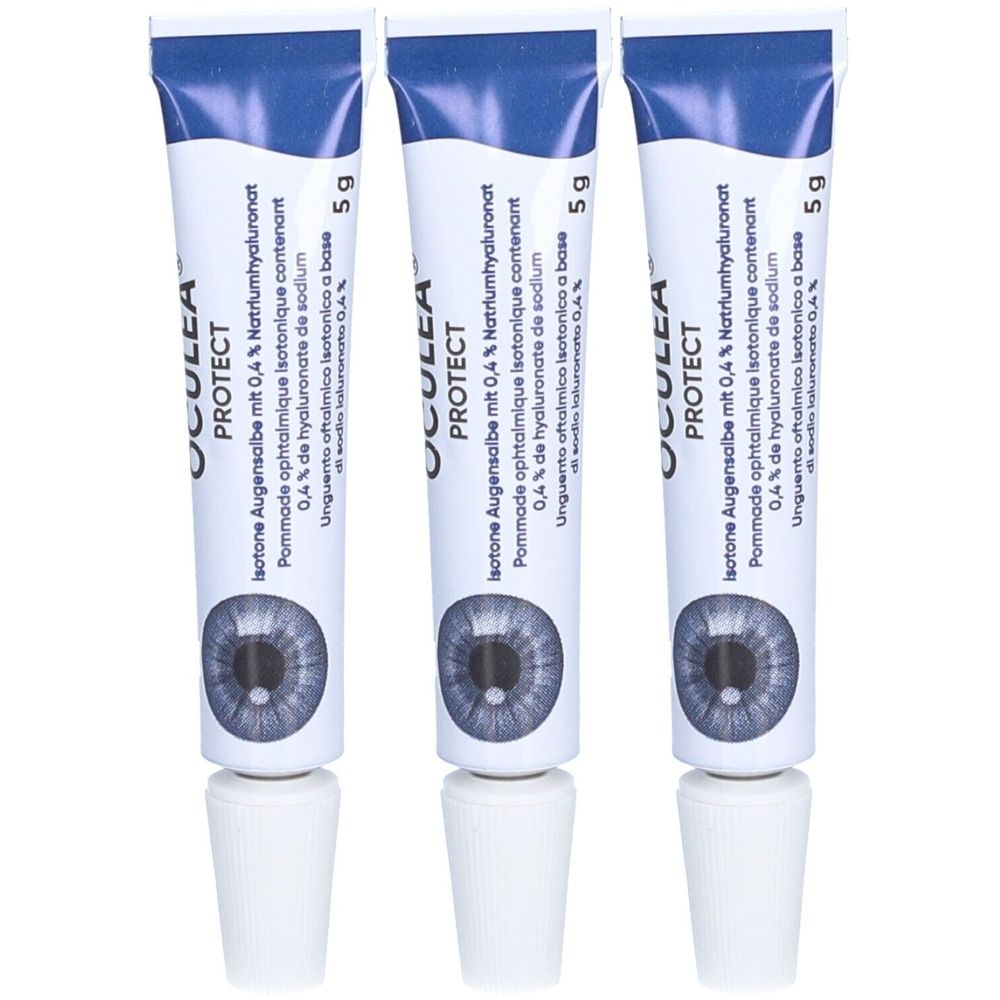 Trois tubes de pommade ophtalmique OCULEA PROTECT. Tubes blancs avec texte bleu et un dessin d'œil. 5g.