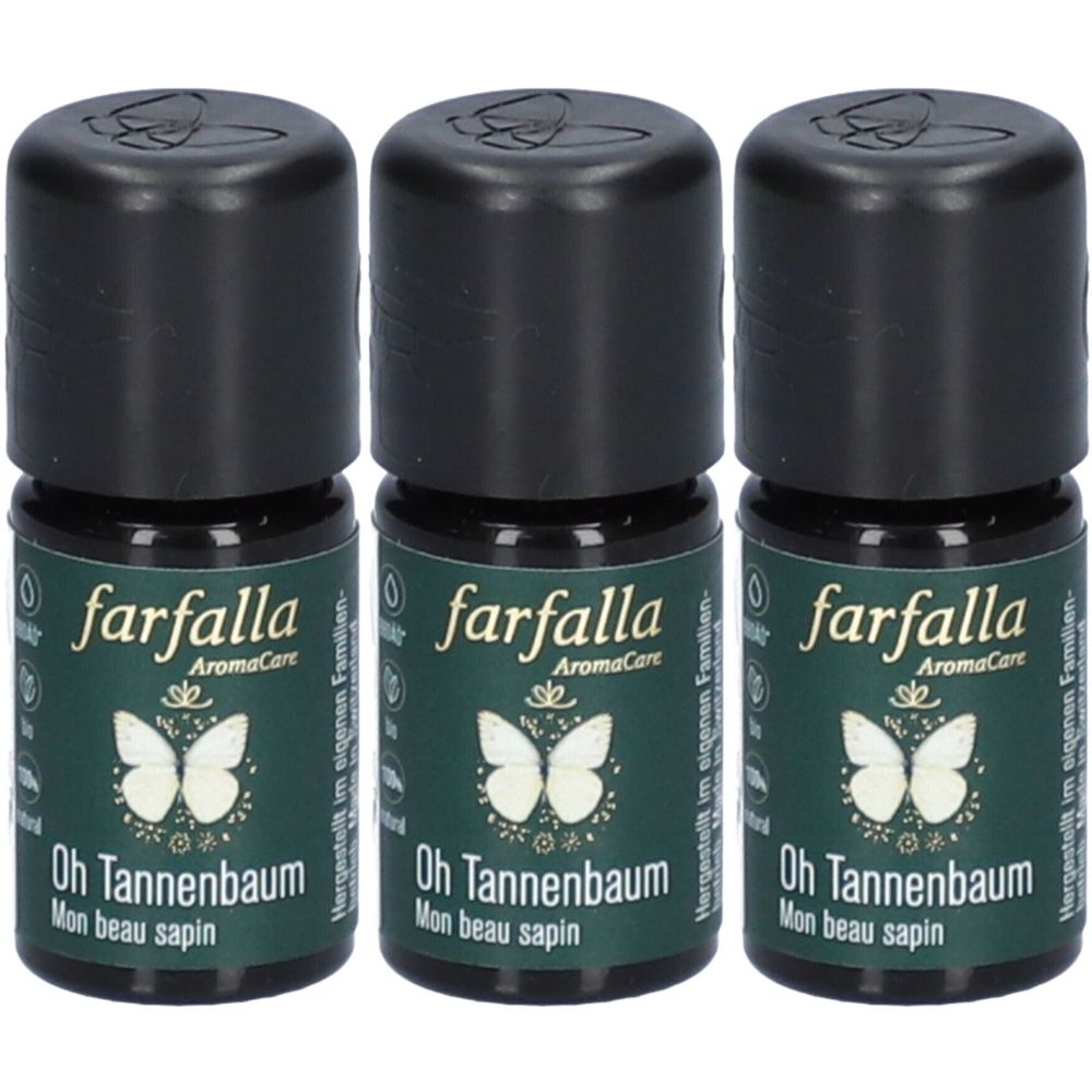 Trois petits flacons avec bouchons noirs. Les étiquettes indiquent "farfalla AromaCare" et "Oh Tannenbaum".