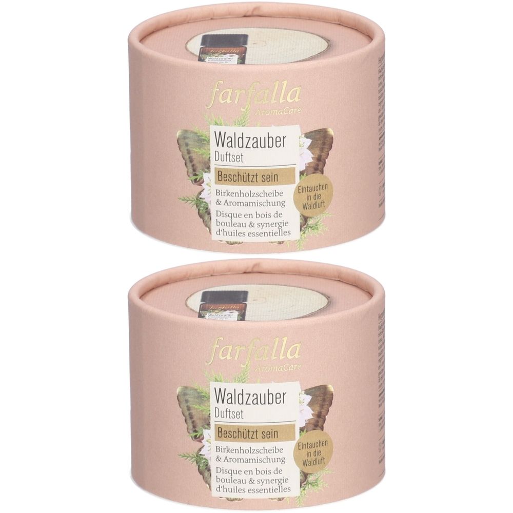 Deux emballages cylindriques en carton. Inscription : Farfalla Waldzauber Duftset. Contient disque en bois de bouleau et mélange aromatique.