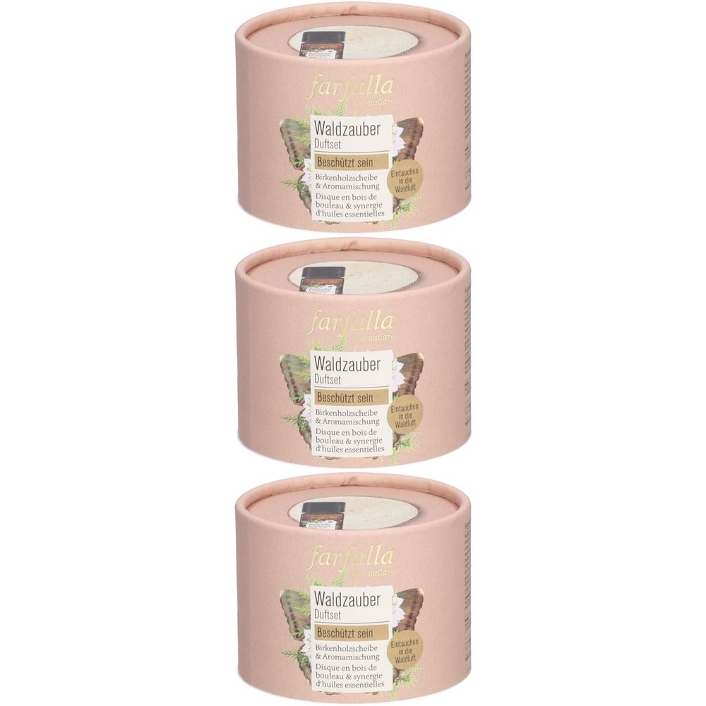 Trois contenants cylindriques roses. Inscription: Farfalla, Waldzauber, Duftset. Illustrations de feuilles et de bois. Sceau.