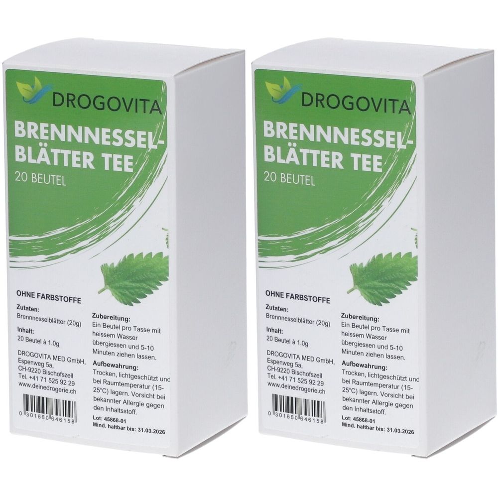 Deux boîtes blanches avec étiquettes vertes. Inscription : Thé de feuilles d'ortie, 20 sachets. Marque : Drogovita.