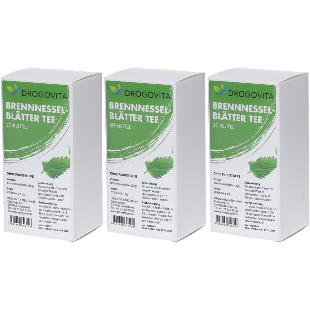 Trois boîtes blanches avec logo et texte verts. Inscription : Brennnesselblätter Tee, 20 sachets. Marque : Drogovita.