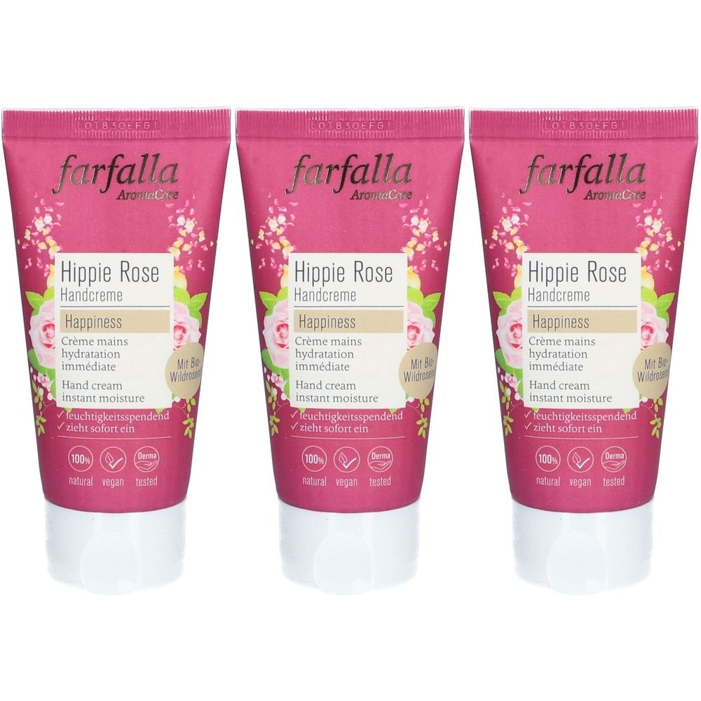 Trois tubes de crème pour les mains. Chaque tube porte les inscriptions "farfalla", "Hippie Rose Handcreme" et "Happiness".
