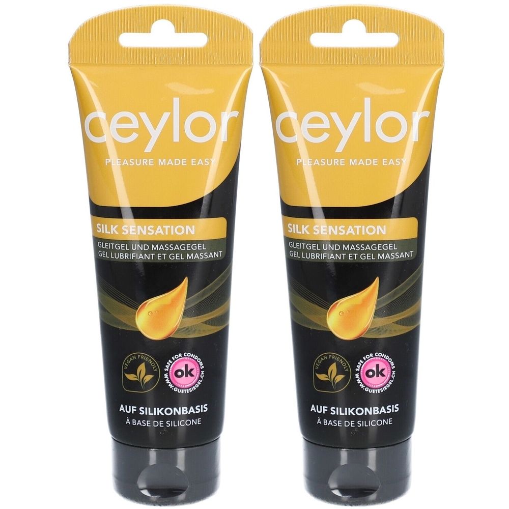 Deux tubes de gel lubrifiant. Inscription: Ceylor, Silk Sensation, À base de silicone. Avec le label ok.