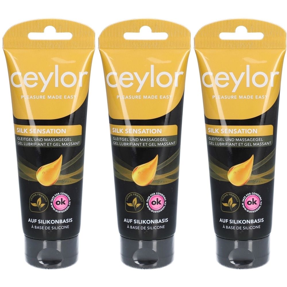 Trois tubes de gel Ceylor Silk Sensation. Bouchon jaune, corps noir. Inscription: À base de silicone.