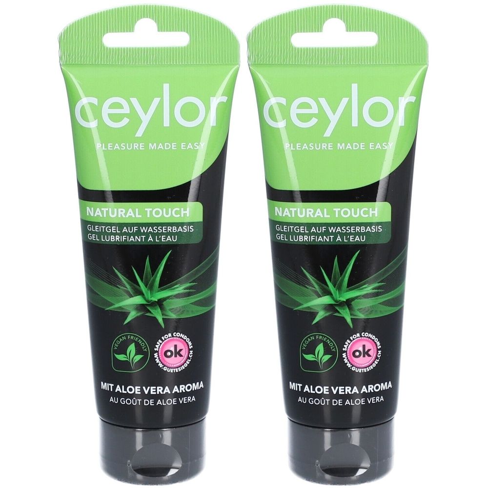Deux tubes de gel lubrifiant ceylor Natural Touch, à l'aloe vera. Design vert et noir. Inscription: Gleitgel auf Wasserbasis. Label vegan.