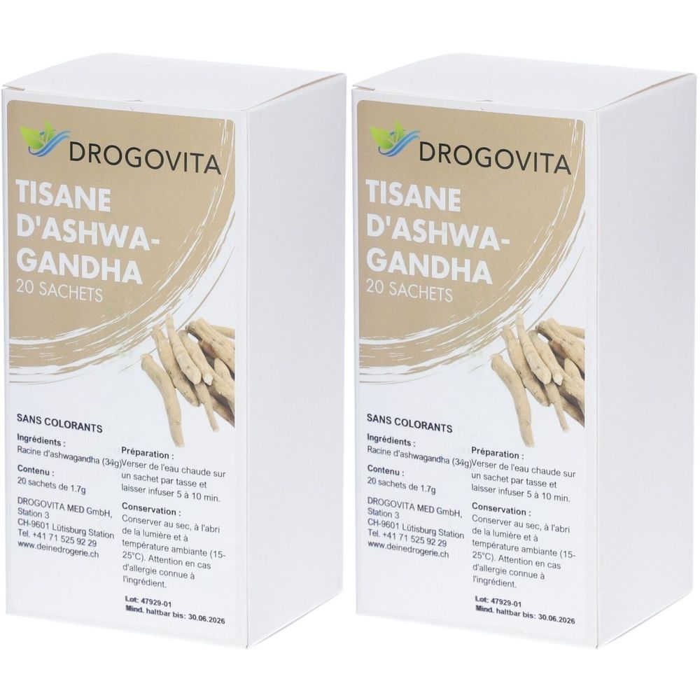 Deux boîtes blanches "Drogovita Tisane D'Ashwagandha 20 Sachets". Inscription "Sans Colorants". Image de racines.