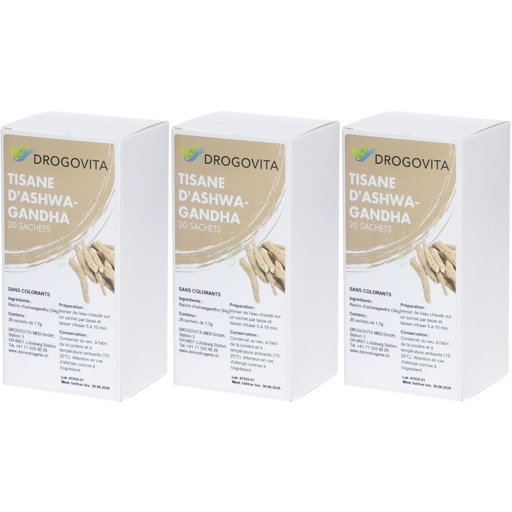 Trois boîtes blanches avec impression. Chaque boîte porte l'inscription "DROGOVITA TISANE D'ASHWA-GANDHA 20 SACHETS". Impression avec des herbes.