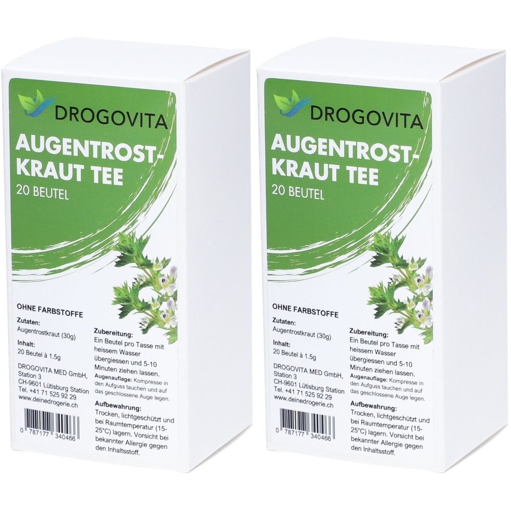 Deux boîtes blanches avec des étiquettes vertes. Inscription : Drogovita Augentrost-Kraut Tee, 20 sachets.