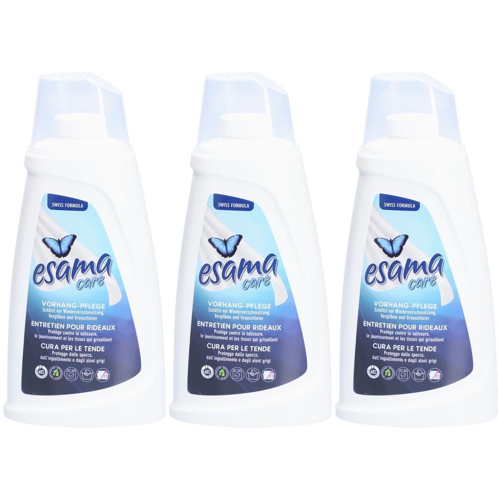 Trois flacons blancs avec étiquette bleue. Inscription: esama care, Entretien pour rideaux, Swiss Formula.