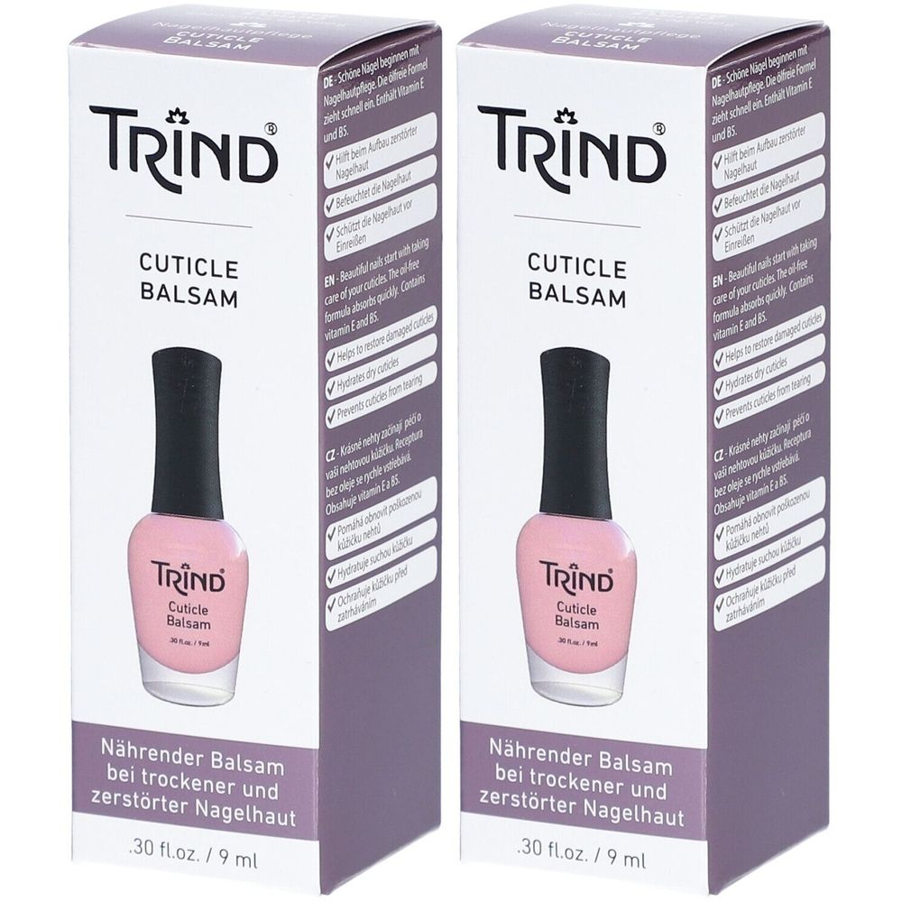 Deux boîtes de TRIND Cuticle Balsam. Flacon rose avec bouchon noir dans un carton blanc et violet. Texte : Baume nourrissant pour cuticules sèches et abîmées.