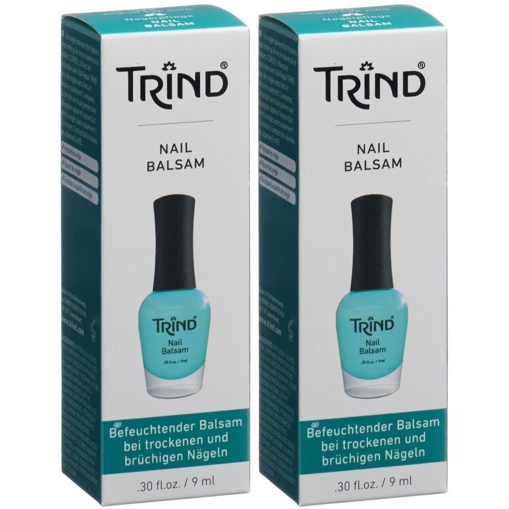 Deux boîtes de TRIND Nail Balsam. Boîtes blanches avec des accents turquoise. Inscription : TRIND, Nail Balsam, image du produit.