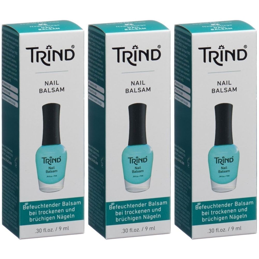 Trois boîtes de TRIND Nail Balsam. Chaque boîte présente un flacon de vernis à ongles avec un bouchon noir et un liquide turquoise.