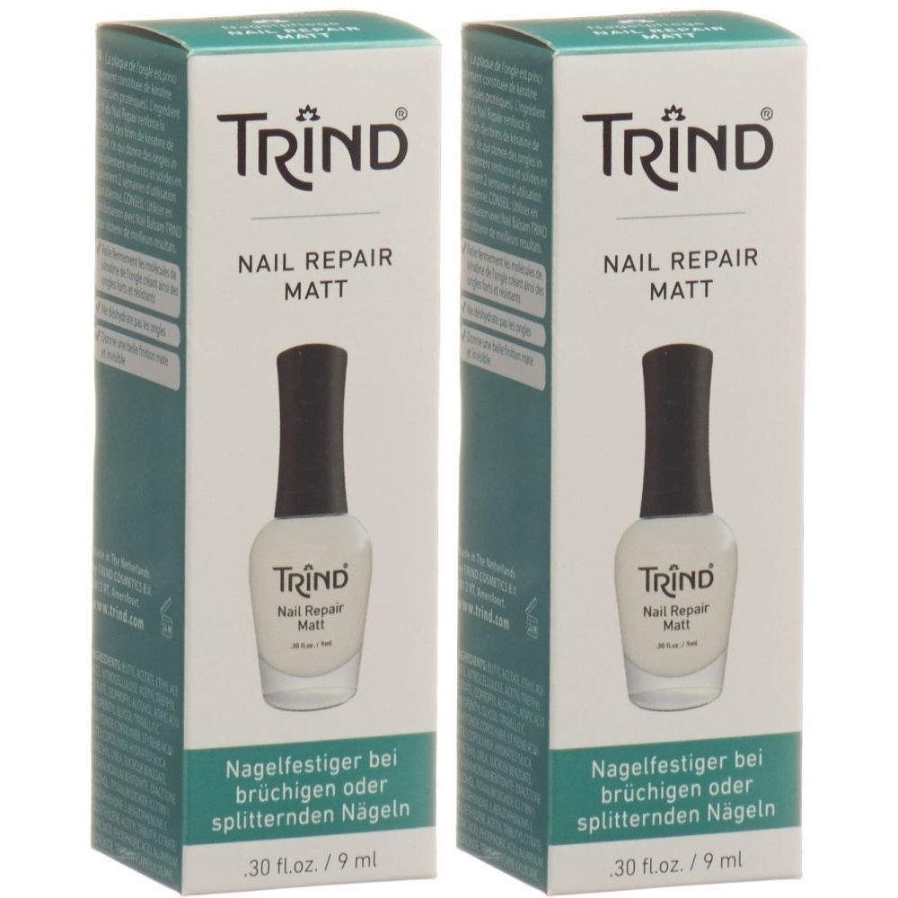 Deux boîtes de TRIND Nail Repair Matt. Sur chaque boîte: nom du produit, flacon à bouchon noir, texte en allemand.