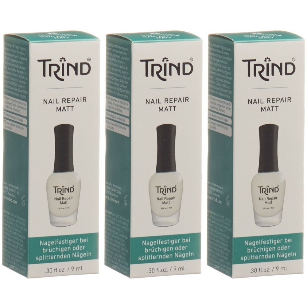 Trois boîtes de TRIND Nail Repair Matt. Chaque boîte montre un flacon de vernis à ongles et du texte. Durcisseur d'ongles pour ongles cassants.