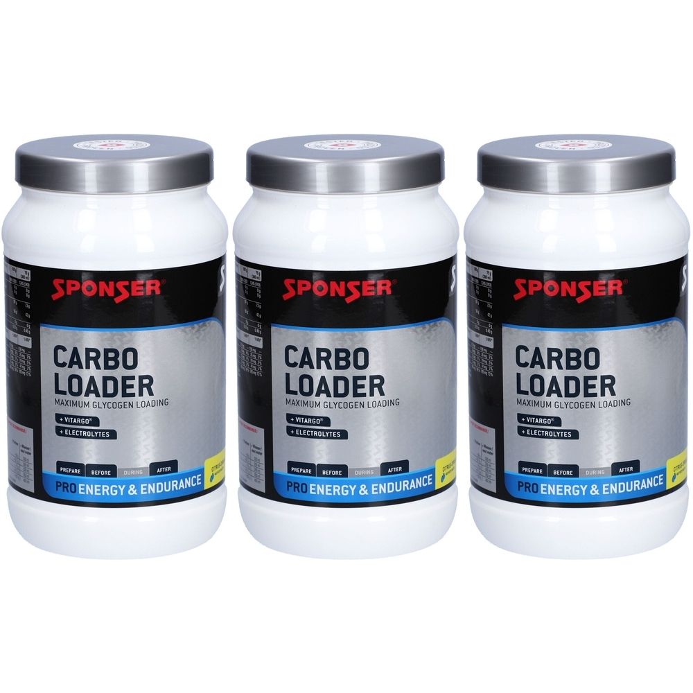 Trois pots blancs avec couvercles argentés. Chaque pot porte l'inscription "SPONSER CARBO LOADER". Texte : "PRO ENERGY & ENDURANCE".