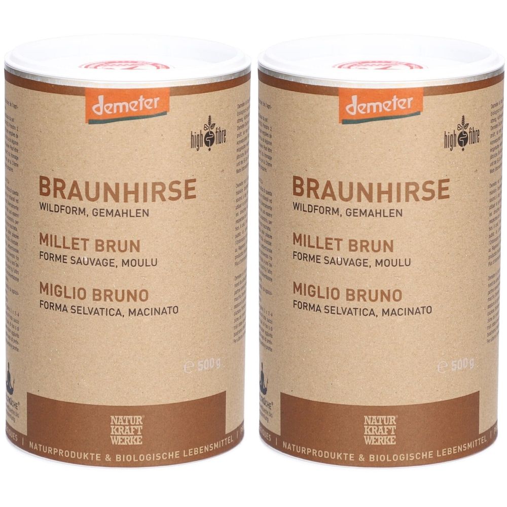Deux boîtes cylindriques avec l'inscription "Braunhirse". Logo Demeter en haut à gauche. Inscription en allemand, français et italien.