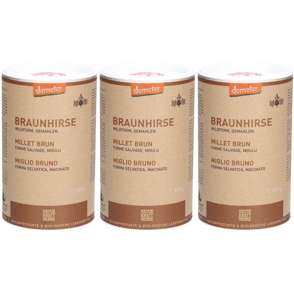 Trois boîtes cylindriques avec l'étiquette "BRAUNHIRSE". Inscriptions en allemand, français et italien. Logo Demeter.