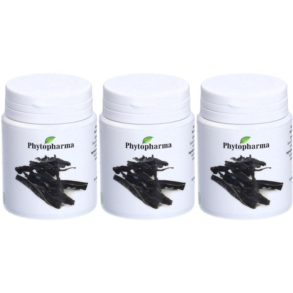 Trois pots blancs avec couvercles. Chaque pot porte "Phytopharma" et une feuille verte. En dessous, des algues noires.
