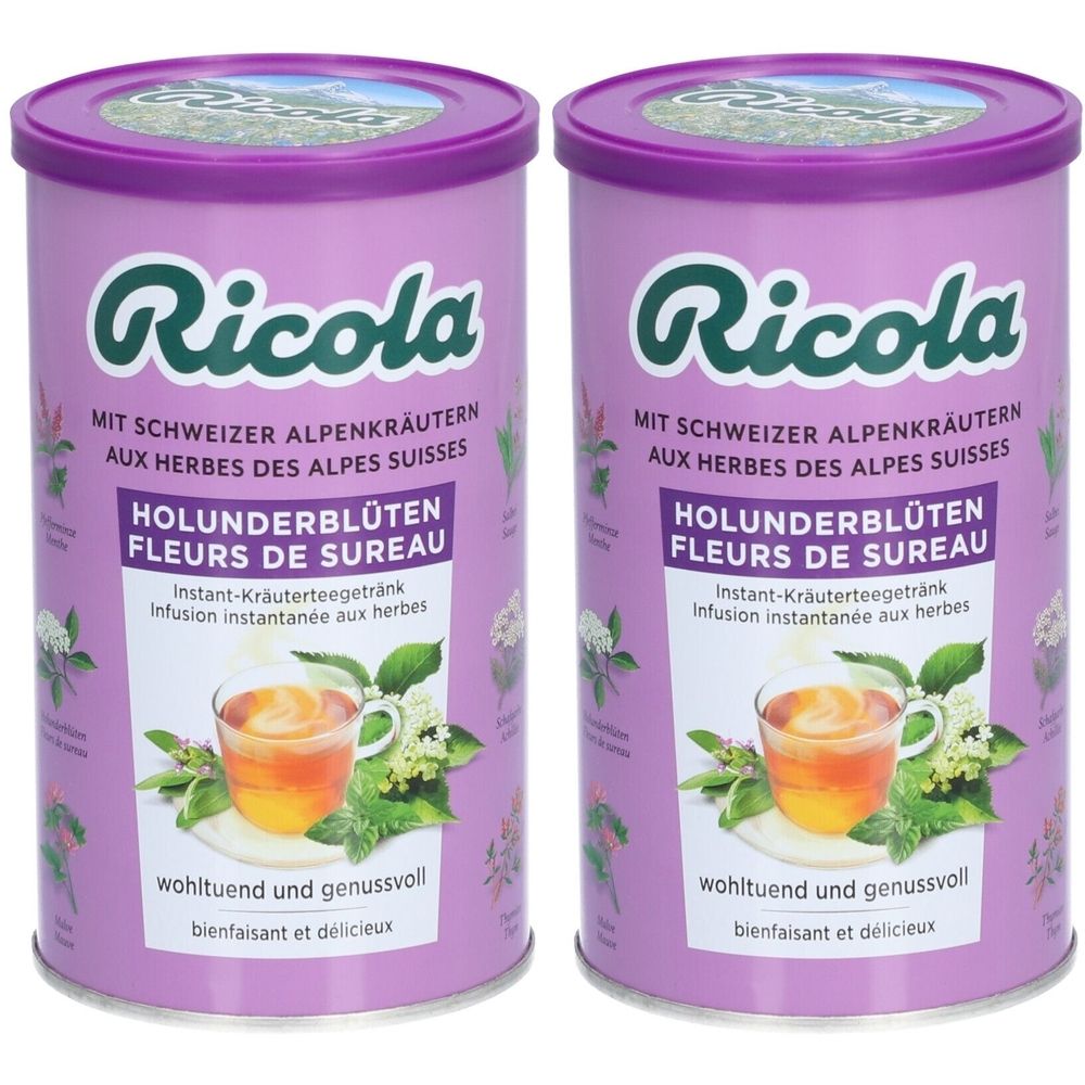 Deux boîtes de RICOLA Instant Kräutertee Holunderblüten. Boîtes violettes avec logo, nom du produit et image de la boisson.