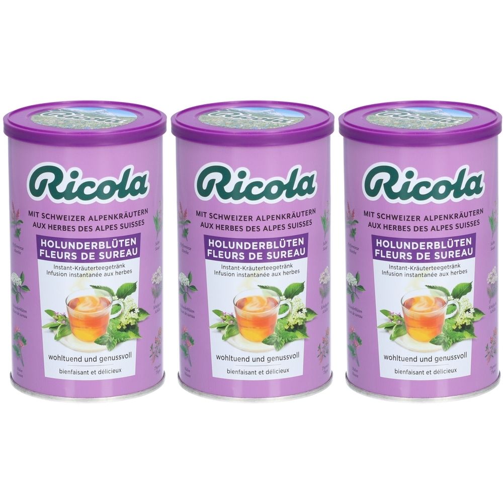 Trois boîtes de thé aux herbes. Boîtes violettes avec texte blanc. Inscription : Ricola, Fleurs de Sureau. Illustration d'une tasse de thé.