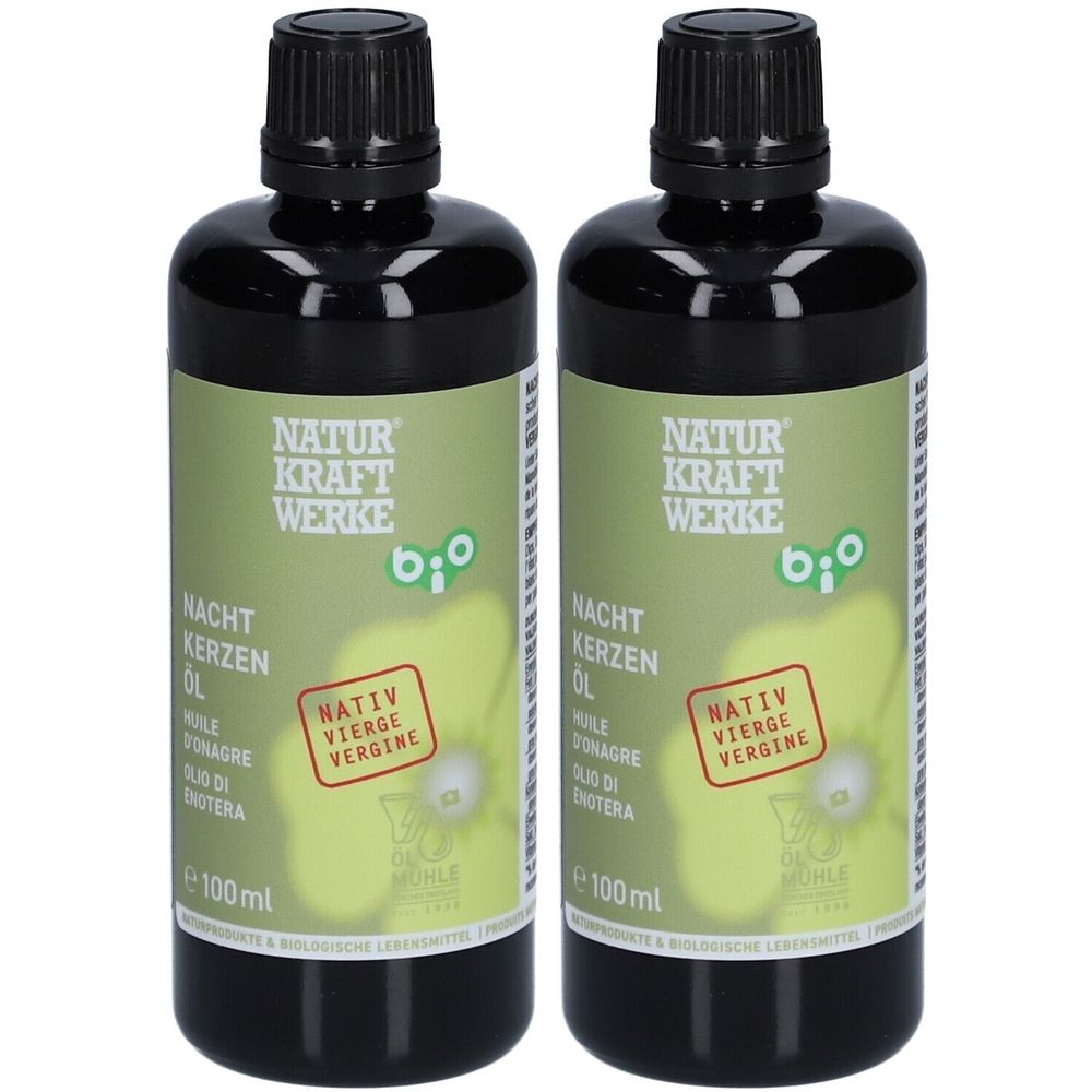 Deux flacons d'huile d'onagre bio. Flacons noirs avec étiquettes vertes. Inscription : NATUR KRAFT WERKE, Bio, huile d'onagre, vierge.