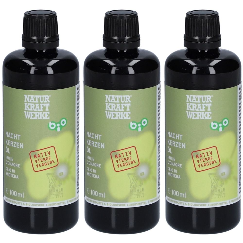 Trois flacons noirs. Étiquette avec "NATUR KRAFT WERKE" et "Bio". Texte: Huile d'onagre, Nativ, 100 ml.