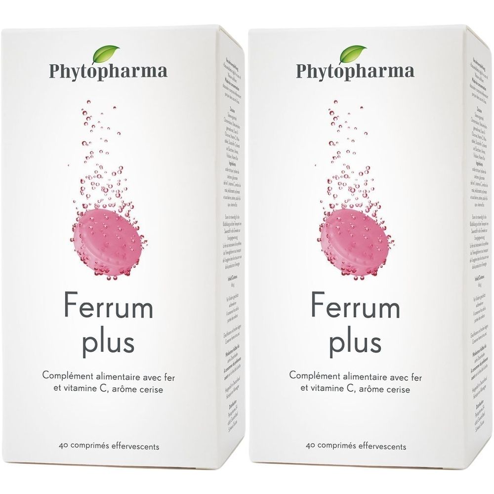 Deux boîtes blanches de Ferrum plus. Le nom de la marque Phytopharma, un comprimé rose et du texte sont imprimés.