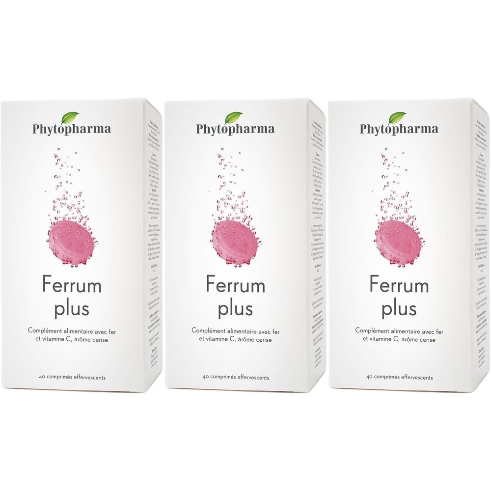 Trois boîtes blanches avec le nom du produit Ferrum plus. Le logo Phytopharma en haut à gauche. Chaque boîte présente une tablette rose.