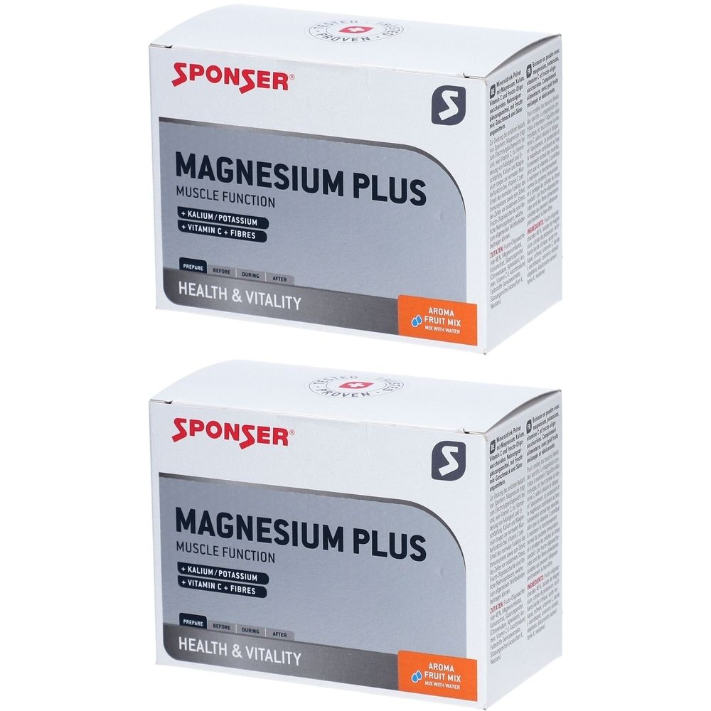 Deux boîtes blanches avec "SPONSER Magnesium Plus". Texte : "Muscle Function", "Health & Vitality". Autocollant orange : "Aroma Fruit Mix".