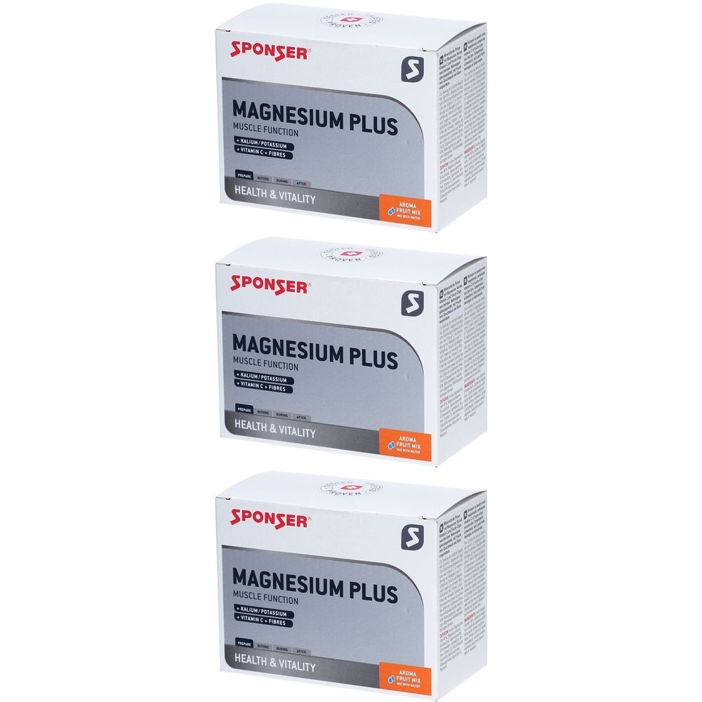 Trois boîtes de SPONSER Magnesium Plus. Inscription : Magnesium Plus, fonction musculaire, santé et vitalité. Emballage blanc.