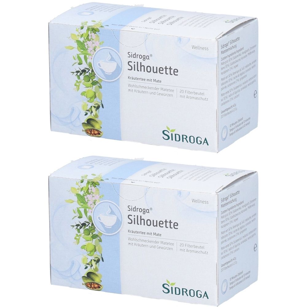 Deux boîtes de mélange de plantes Sidroga Silhouette. Emballage blanc avec nom et logo du produit. Produit de bien-être.