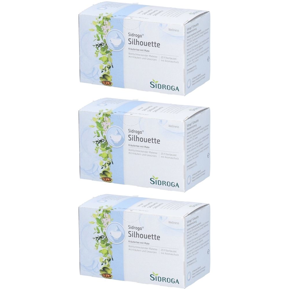 Trois boîtes de Sidroga Silhouette. Emballage blanc avec nom et logo du produit. Bande bleue. Illustration de plantes.