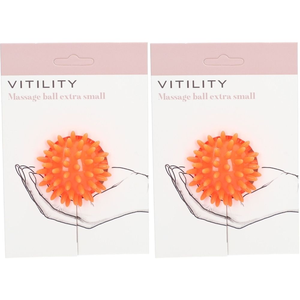 Deux balles de massage orange à picots, emballées avec le logo VITILITY. Suspendues sur un dessin de main.