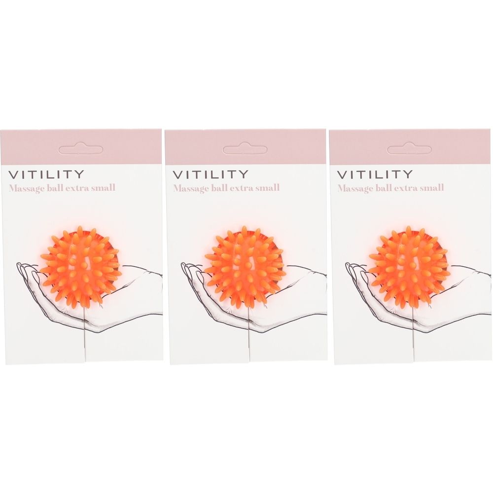 Trois balles de massage en emballage. Balles oranges à picots, tenues par un dessin de main. Marque : VITILITY.