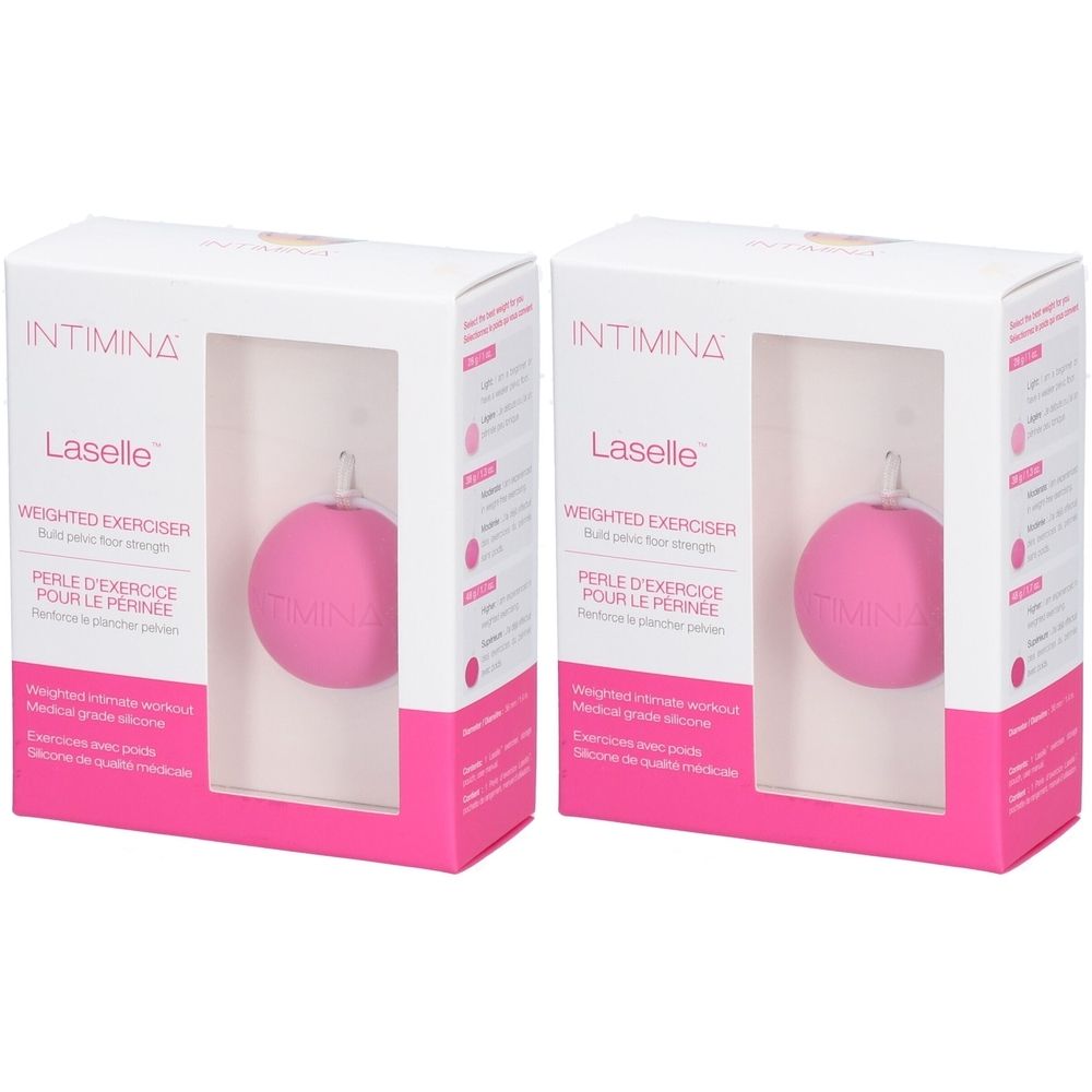 Deux boîtes Intimina Laselle. Chacune montre une sphère rose. Texte : Weighted Exerciser, Perle d'exercice pour le périnée. Boîtes blanches et roses.