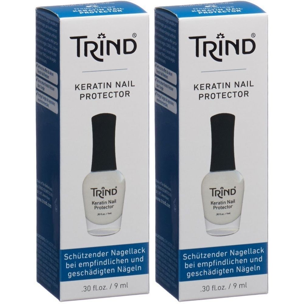 Deux boîtes de TRIND Keratin Nail Protector. Flacons blancs avec bouchon noir dans des boîtes blanches avec des accents bleus. Texte : Keratin Nail Protector.