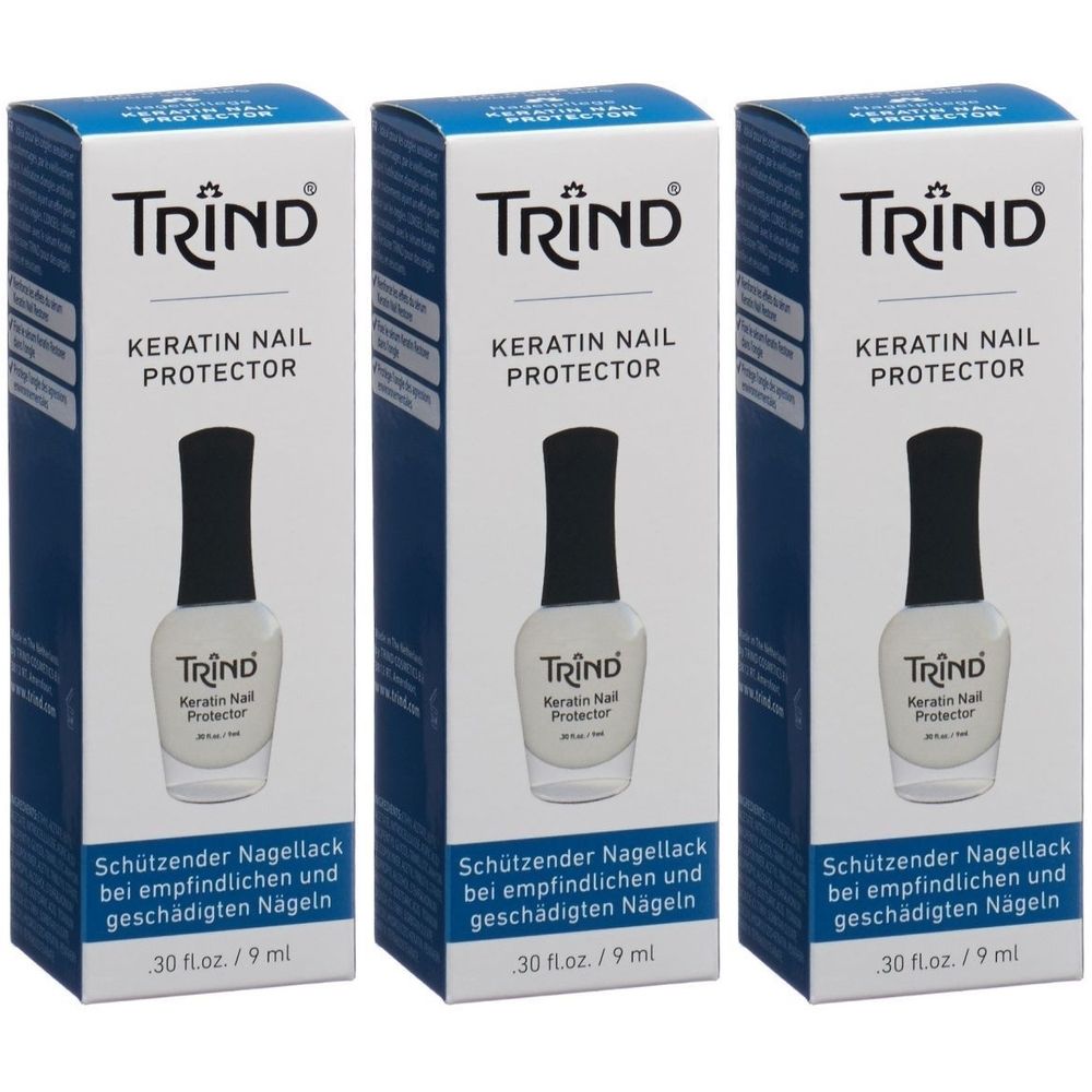 Trois boîtes de TRIND Keratin Nail Protector. Chaque boîte montre un flacon de vernis à ongles. Texte: Vernis protecteur pour ongles sensibles.