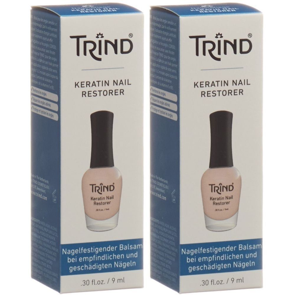 Deux boîtes de TRIND Keratin Nail Restorer. Chaque boîte contient un flacon de vernis à ongles rose avec un bouchon noir.