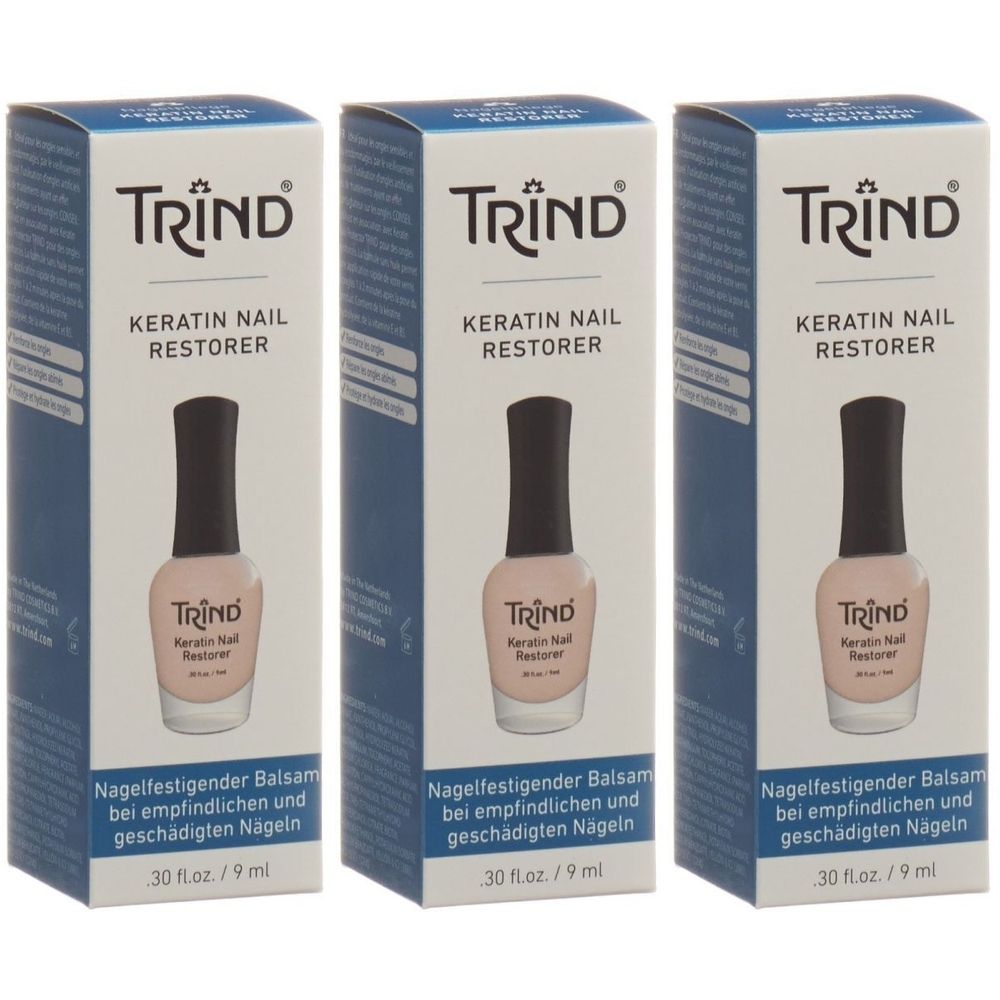 Trois boîtes de TRIND Keratin Nail Restorer. Chaque boîte montre un flacon de vernis à ongles. Texte : Keratin Nail Restorer.