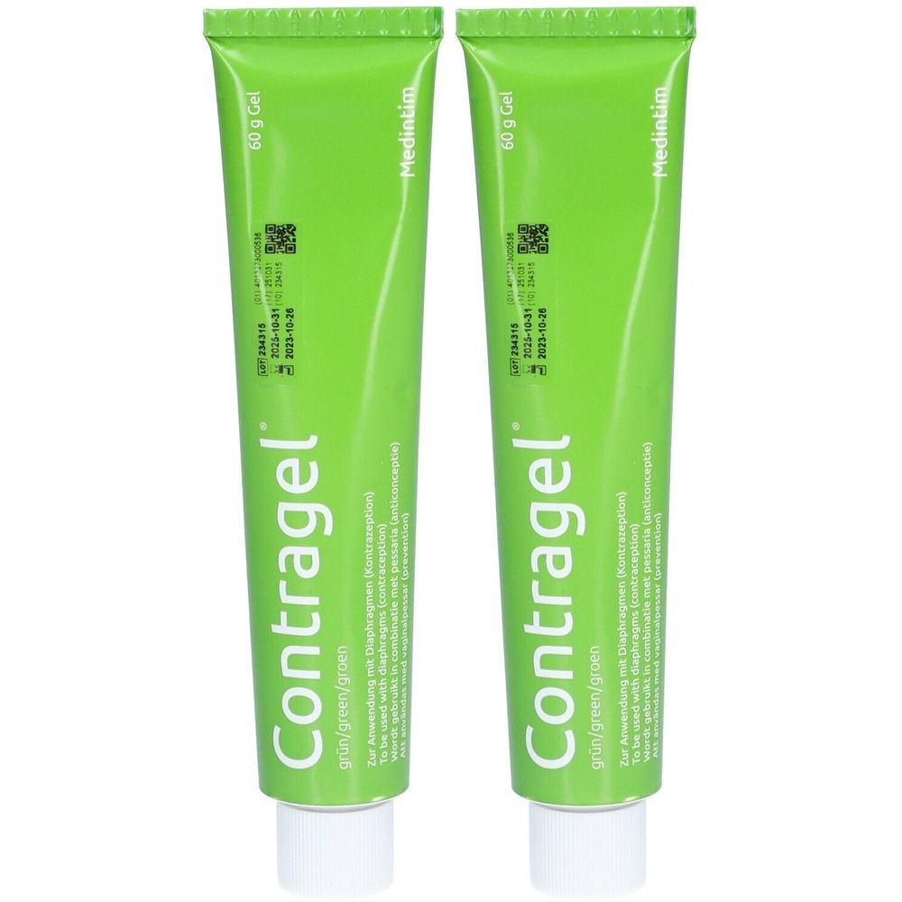 Deux tubes verts avec bouchons blancs. "Contragel" et "Medintim" sont inscrits sur chaque tube.