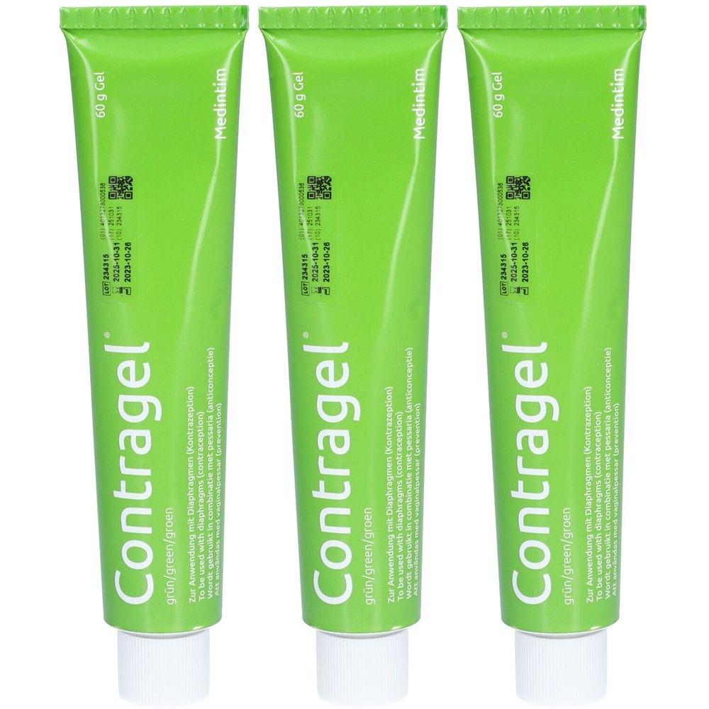 Trois tubes verts avec bouchon blanc. Chaque tube porte l'inscription "Contragel" et "60 g Gel". Marque : Medintim.
