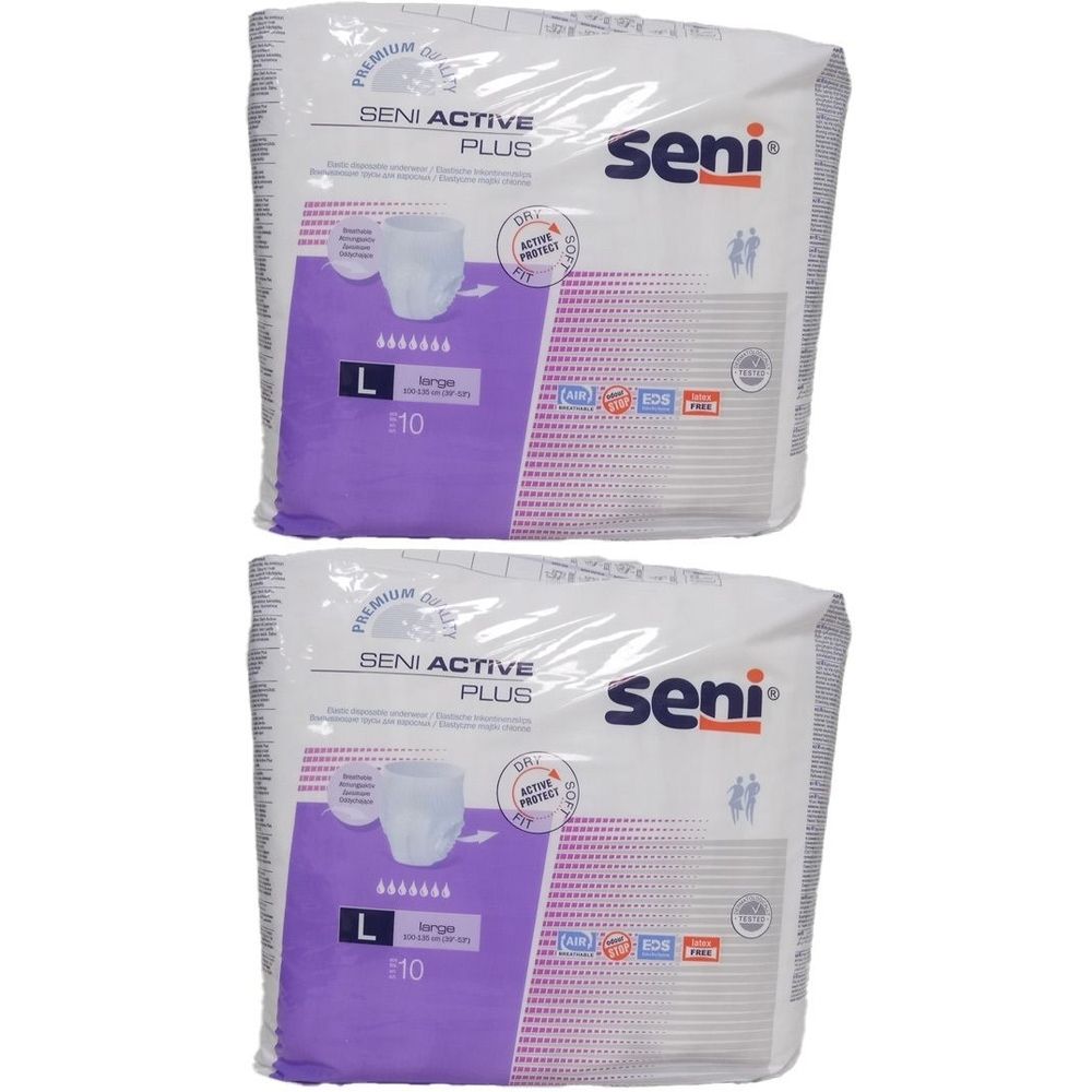 Deux paquets de couches Seni Active Plus. Emballage avec image du produit, taille L, absorption 10. Marque Seni.