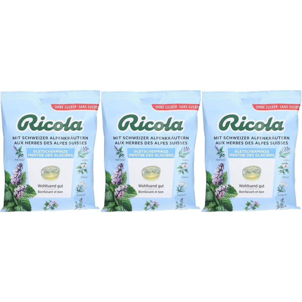 Trois sachets de Ricola Pfefferminzbonbons Gletscher sans sucre. Fond bleu clair, logo et informations produit.