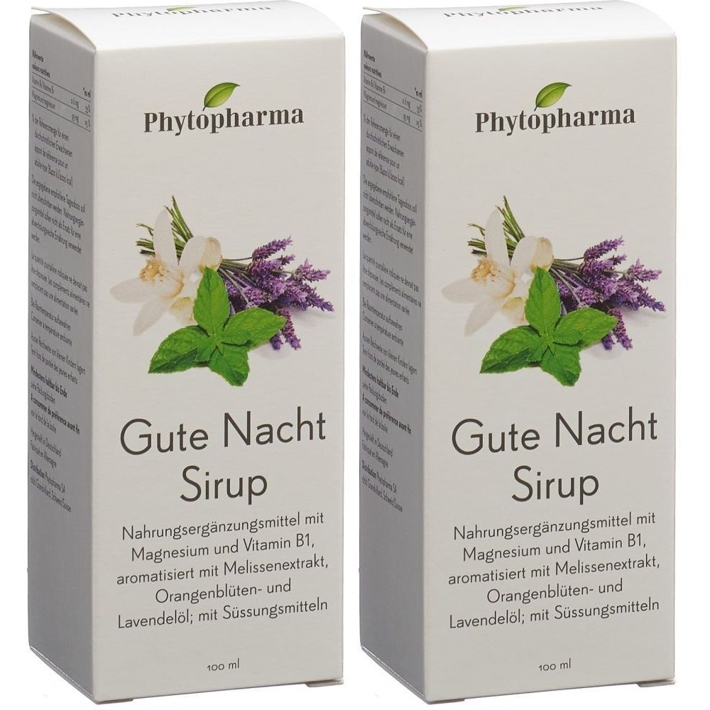Deux boîtes blanches avec impression du produit. Inscription : Phytopharma, Gute Nacht Sirup. Avec illustration florale. Texte : Complément alimentaire.