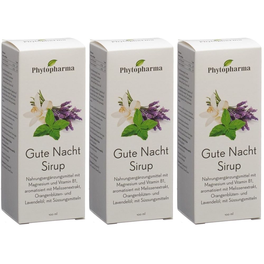 Trois boîtes de sirop PHYTOPHARMA Gute Nacht. Emballage blanc avec motif floral et nom du produit. Texte : Complément alimentaire.