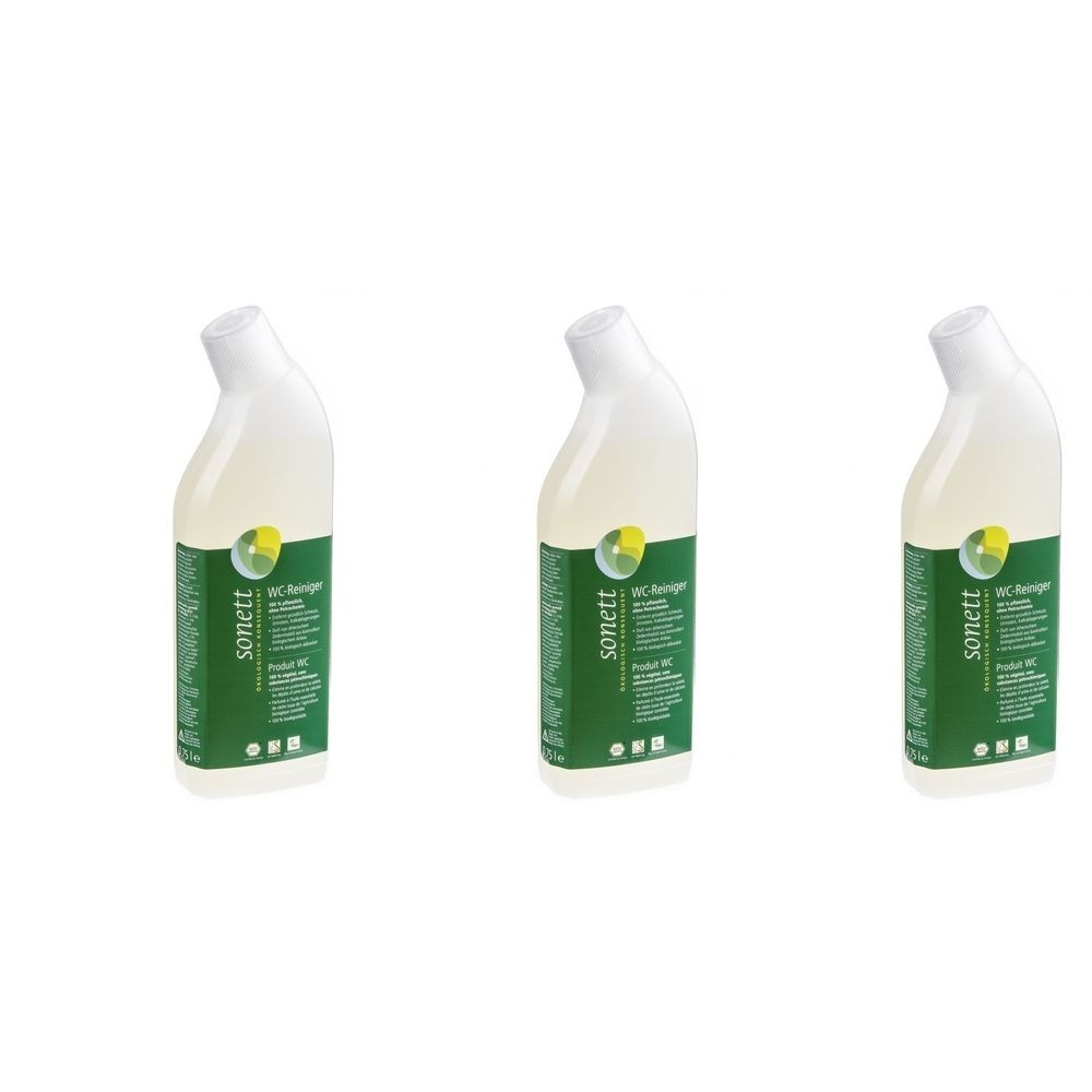 Trois flacons de nettoyant WC. Flacons blancs avec étiquette verte. Inscription : Sonett. Liquide jaune visible.