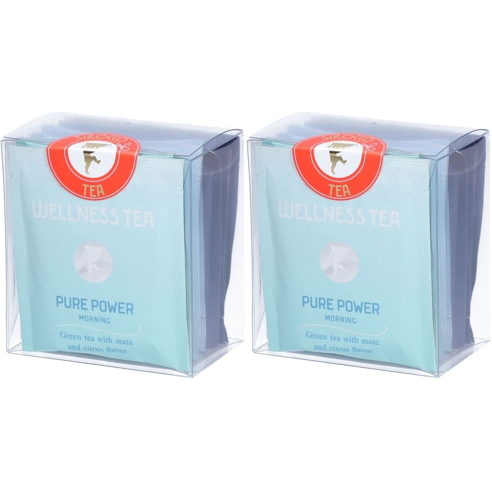 Deux boîtes de Wellness Tea dans un emballage plastique transparent. L'emballage indique "Pure Power Morning".
