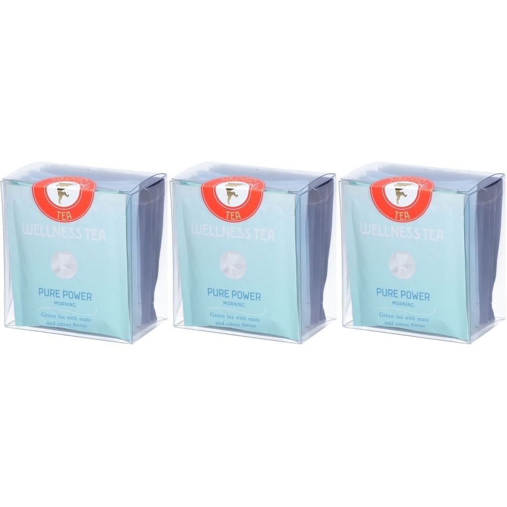 Trois boîtes en plastique transparent contenant du thé. Les sachets de thé bleus portent l'inscription "Wellness Tea Pure Power".